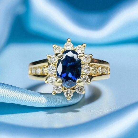 10K Gold- Natural Sapphire & Halo Diamond Ring- Size 5.5 - 1 Carat T.W. -3g - Picture 1 of 16
